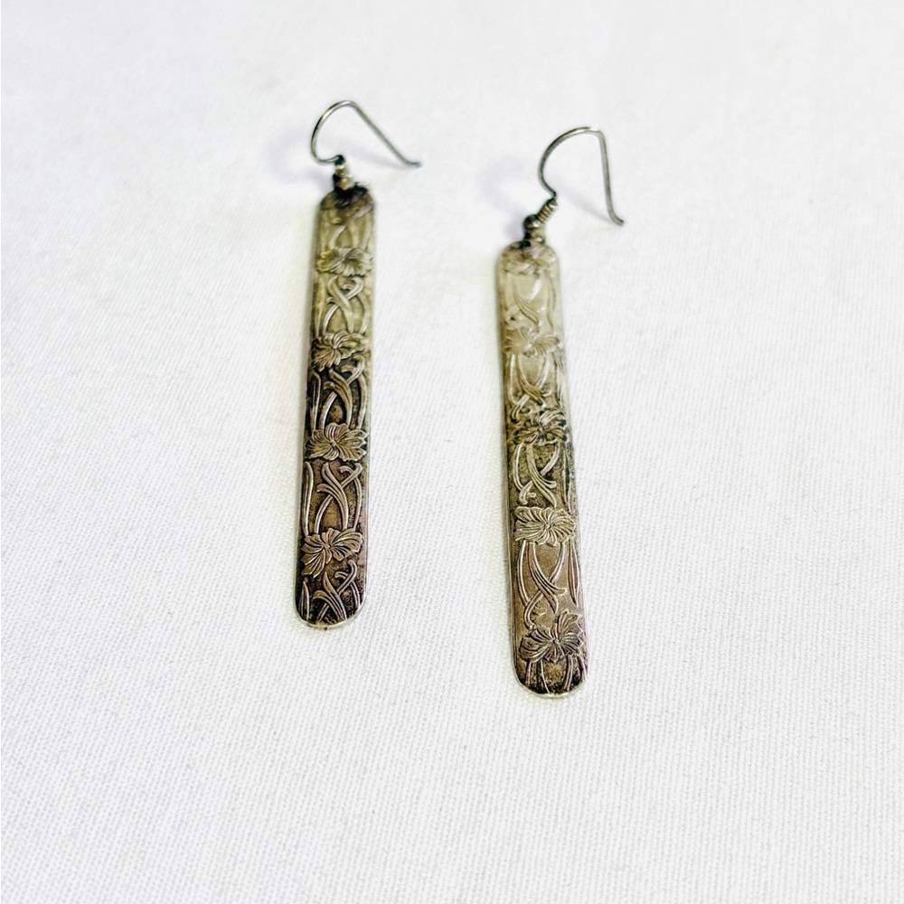 Sterling Silver Art Deco Etched Earrings - Picture 2 of 2